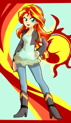 Size: 1551x2665 | Tagged: safe, artist:nigu2980helle, sunset shimmer, equestria girls, g4, boots, clothes, female, high heel boots, human coloration, jacket, leather jacket, looking at you, open mouth, pants, pixiv, solo