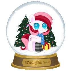 Size: 600x600 | Tagged: safe, artist:exceru-karina, oc, oc only, oc:rouge swirl, pony, animated, christmas, christmas tree, clothes, gif, present, scarf, snow, snow globe, socks, solo, striped socks, tree