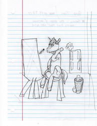 Size: 1280x1659 | Tagged: safe, artist:loadingscreendxdirectorscut, oc, oc only, oc:splendid sketch, pony, unicorn, art block, drawing, easel, grayscale, lined paper, monochrome, solo, traditional art, trash can