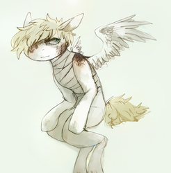 Size: 678x688 | Tagged: safe, artist:meer, oc, oc only, pegasus, anthro, bandage, burned, scar, solo