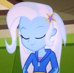 Size: 904x892 | Tagged: safe, trixie, equestria girls, g4, cropped, eyes closed, female, smiling, solo, upscaled