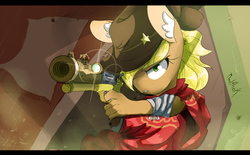 Size: 2480x1535 | Tagged: safe, artist:0ndshok, applejack, earth pony, anthro, g4, clothes, cowgirl, crossover, female, gun, hat, haystick, jesse mccree, mccreejack, overwatch, signature, solo, weapon