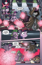 Size: 864x1328 | Tagged: safe, artist:tonyfleecs, idw, official comic, shadow lock, spike, twilight sparkle, alicorn, dragon, pony, unicorn, from the shadows, g4, spoiler:comic, spoiler:comic51, cloak, clothes, comic, cropped, female, glowing horn, hidden eyes, horn, library, magic, magic aura, male, mare, preview, speech bubble, stallion, telekinesis, twilight sparkle (alicorn), twilight's castle, twilight's castle library