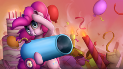 Size: 1920x1080 | Tagged: safe, artist:vanillaghosties, part of a set, pinkie pie, earth pony, pony, g4, balloon, bipedal, cake, candle, confetti, dessert, female, food, looking at you, party cannon, solo, splash art, wallpaper