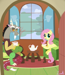 Size: 2000x2300 | Tagged: safe, artist:jagga-chan, discord, fluttershy, draconequus, pegasus, pony, g4, chair, couch, female, high res, indoors, looking at you, male, mare, ship:discoshy, shipping, sitting, straight, table, tea party, varying degrees of want, window