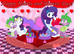 Size: 4765x3528 | Tagged: safe, artist:wr0, rarity, spike, equestria girls, g4, absurd resolution, cupcake, female, flower, food, gem, heart, hearts and hooves day, hug, human spike, male, ship:sparity, shipping, straight