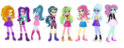 Size: 3700x1440 | Tagged: safe, artist:mixiepie, adagio dazzle, aria blaze, indigo zap, lemon zest, sonata dusk, sour sweet, sugarcoat, sunny flare, equestria girls, g4, alternate clothes, alternate hairstyle, alternate universe, boots, clothes, high heel boots, high heels, necktie, pigtails, ponytail, shadow five, shirt, shoes, simple background, skirt, the dazzlings, transparent background, twintails