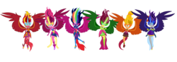 Size: 4000x1400 | Tagged: safe, artist:mixiepie, applejack, fluttershy, pinkie pie, rainbow dash, rarity, sunset shimmer, twilight sparkle, equestria girls, g4, alternate universe, clothes, midnight sparkle, midnight-ified, simple background, transparent background, xk-class end-of-the-world scenario
