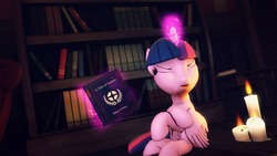 Size: 1280x720 | Tagged: safe, artist:flushthebatsanta, twilight sparkle, alicorn, pony, g4, 3d, book, bookhorse, bookshelf, candle, candlelight, crossed arms, dat face, eyes closed, female, magic, poster, solo, source filmmaker, tongue out, twilight sparkle (alicorn)