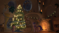 Size: 7680x4320 | Tagged: safe, artist:ig-64, owlowiscious, spike, twilight sparkle, alicorn, dragon, pony, g4, 3d, absurd resolution, christmas tree, fireplace, golden oaks library, hearth's warming, hearth's warming eve, interior, tree, twilight sparkle (alicorn), wallpaper