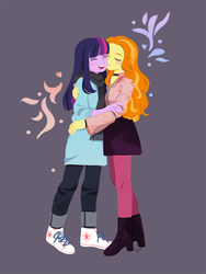 Size: 975x1300 | Tagged: safe, artist:magneticskye, adagio dazzle, twilight sparkle, equestria girls, g4, my little pony equestria girls: rainbow rocks, adagilight, blushing, clothes, converse, eyes closed, female, kissing, laughing, lesbian, lineless, open mouth, shipping, shoes, simple background, skirt, teeth