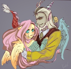 Size: 3535x3427 | Tagged: safe, artist:kyotoxart, discord, fluttershy, anthro, g4, blushing, clothes, duo, female, high res, looking at you, male, ship:discoshy, shipping, signature, straight, sweater, sweatershy, wings