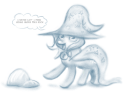 Size: 1200x870 | Tagged: safe, artist:fauxsquared, trixie, pony, unicorn, trixie is magic, g4, cape, clothes, dialogue, female, hat, monochrome, open mouth, raised hoof, rock, simple background, smiling, solo, trixie's cape, trixie's hat, white background
