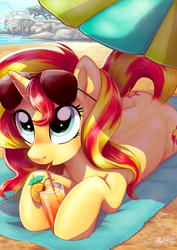 Size: 707x1000 | Tagged: safe, artist:yulyeen, sunset shimmer, pony, unicorn, g4, beach, beach umbrella, both cutie marks, cocktail glass, cute, drink, female, looking up, mare, prone, shimmerbetes, solo, sunglasses, towel