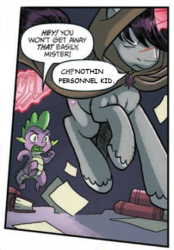 Size: 355x511 | Tagged: safe, artist:tonyfleecs, edit, idw, shadow lock, spike, dragon, pony, unicorn, from the shadows, g4, spoiler:comic, spoiler:comic51, book, cloak, clothes, coldsteel the hedgeheg, cropped, edgy, magic, male, misspelling, nothin personnel kid, scar, speech bubble, stallion, telekinesis