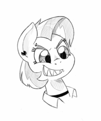Size: 1104x1319 | Tagged: safe, artist:trickydick, babs seed, earth pony, pony, g4, ear piercing, earring, female, grin, jewelry, piercing, sharp teeth, smiling, solo, teeth