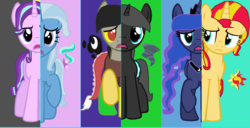 Size: 1415x725 | Tagged: safe, artist:diana173076, discord, princess luna, starlight glimmer, sunset shimmer, thorax, trixie, pony, unicorn, g4, alternate mane six, ponified, what my cutie mark is telling me