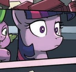 Size: 278x264 | Tagged: safe, artist:tony fleecs, idw, official comic, spike, twilight sparkle, alicorn, dragon, pony, from the shadows, g4, spoiler:comic, spoiler:comic51, :i, cropped, faic, female, mare, twilight sparkle (alicorn)