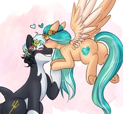 Size: 951x877 | Tagged: safe, artist:askbubblelee, oc, oc only, oc:mako, oc:willow breeze, earth pony, orca pony, original species, pegasus, pony, alternate universe, blushing, butt, couple, eyes closed, female, floral head wreath, flower, freckles, heart, holding hooves, kissing, male, oc x oc, plot, raised hoof, shipping, simple background, smiling, straight, underhoof, wiko, willowverse, younger