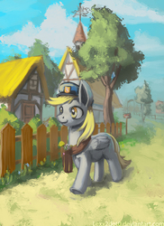 Size: 726x1000 | Tagged: safe, artist:lexx2dot0, derpy hooves, pegasus, pony, g4, female, fence, house, mailbox, mailmare, mare, ponyville, scenery, smiling, solo, tree, weather vane