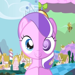 Size: 2525x2525 | Tagged: safe, diamond tiara, screwball, earth pony, pony, g4, alternate hairstyle, comparison, discorded, duality, headcanon, high res, smiling, split screen, two sides