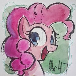 Size: 1080x1080 | Tagged: safe, artist:agnesgarbowska, pinkie pie, earth pony, pony, g4, bust, female, looking at you, portrait, solo, traditional art, watercolor painting