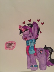 Size: 2448x3264 | Tagged: safe, artist:lifysdoodles, oc, oc only, oc:midnight coda, pony, clothes, cute, food, heart, high res, magic, request, requested art, scarf, solo, traditional art, vest, watch