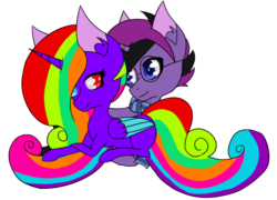 Size: 671x484 | Tagged: safe, artist:briar-firefly, oc, oc only, oc:amellia rose, oc:midnight coda, alicorn, pony, alicorn oc, clothes, cuddling, cute, heterochromia, rainbow hair, request, requested art, scarf, shipping, simple background, snuggling, transparent background