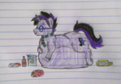 Size: 1985x1377 | Tagged: safe, artist:someguy458, oc, oc only, oc:midnight coda, pony, unicorn, belly, belly bed, big belly, box, clothes, cute, drink, encumbered, fat, glasses, impossibly large belly, lined paper, male, morbidly obese, obese, request, requested art, scarf, solo, stuffed, traditional art