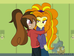 Size: 4000x3000 | Tagged: safe, artist:lunahazacookie, adagio dazzle, oc, oc:cupcake slash, equestria girls, g4, canterlot high, clothes, cute, duo, equestria girls-ified, hallway, high res, hoodie, hug, lockers, looking at each other, one eye closed, pants
