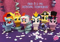 Size: 1000x700 | Tagged: safe, applejack, fluttershy, pinkie pie, rainbow dash, rarity, twilight sparkle, alicorn, pony, g4, official, animal costume, apple, carnaval, carnival, chicken pie, chicken suit, clothes, clown, costume, craft, food, mane six, my little pony logo, papercraft, portuguese, twilight sparkle (alicorn)