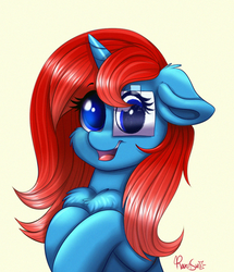 Size: 859x1000 | Tagged: safe, artist:confetticakez, oc, oc only, pony, unicorn, blue eyes, cheek fluff, chest fluff, commission, cute, derp, female, floppy ears, looking at you, mare, ocbetes, open mouth, paper, red hair, simple background, smiling, solo, yellow background