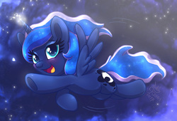 Size: 2025x1380 | Tagged: safe, artist:joakaha, princess luna, alicorn, pony, g4, cute, female, flying, glowing horn, horn, looking at you, lunabetes, open mouth, smiling, solo