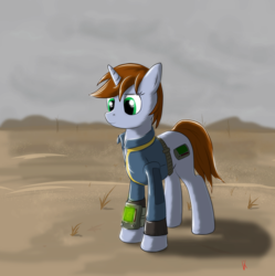 Size: 1200x1203 | Tagged: safe, artist:eriada, oc, oc only, oc:littlepip, pony, unicorn, fallout equestria, clothes, cloud, cloudy, cutie mark, fanfic, fanfic art, female, hooves, horn, jumpsuit, looking at something, mare, pipbuck, solo, standing, vault suit, wasteland