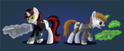 Size: 6400x2667 | Tagged: safe, artist:blue-strokes, oc, oc only, oc:blackjack, oc:littlepip, pony, unicorn, fallout equestria, fallout equestria: project horizons, absurd resolution, assault rifle, clothes, colored sclera, fanfic, fanfic art, female, glowing horn, gradient background, gun, handgun, hooves, horn, jumpsuit, levitation, little macintosh, magic, mare, open mouth, optical sight, pipbuck, revolver, rifle, teeth, telekinesis, vault suit, weapon, yellow sclera, zebra rifle