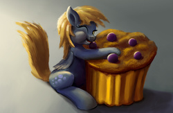 Size: 2000x1300 | Tagged: safe, artist:xbi, derpy hooves, pegasus, pony, g4, female, food, happy, muffin, one eye closed, smiling, solo, tabun art-battle finished after, that pony sure does love muffins, wink