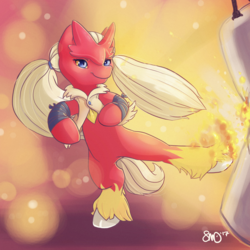 Size: 3000x3000 | Tagged: safe, artist:bean-sprouts, blaziken, pony, bipedal, crossover, fire, high res, kick, pigtails, pokémon, ponified, punching bag, solo