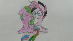 Size: 1024x576 | Tagged: safe, artist:whiinter, oc, oc only, oc:amellia rose, oc:midnight coda, alicorn, pony, alicorn oc, cuddling, cute, glasses, rainbow hair, request, requested art, simple background, smiling, snuggling, traditional art, wavy mouth