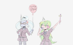 Size: 1920x1200 | Tagged: safe, artist:mildockart, lemon zest, sugarcoat, equestria girls, g4, my little pony equestria girls: friendship games, balloon, clothes, crystal prep academy uniform, duo, eyes closed, hat, party hat, school uniform, simple background