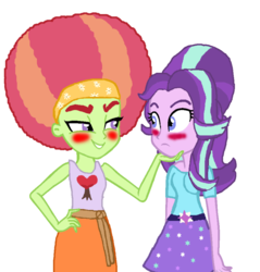 Size: 874x914 | Tagged: safe, artist:ktd1993, starlight glimmer, tree hugger, equestria girls, g4, afro, alternate hairstyle, blushing, crack shipping, equestria girls-ified, female, lesbian, shipping, simple background, starhugger, transparent background