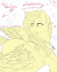 Size: 1005x1280 | Tagged: safe, artist:serenity, fluttershy, butterfly, pony, g4, cute, ear fluff, eyelashes, feather, female, heart, jewelry, looking back, necklace, pretty, print, shyabetes, solo, speedpaint, spread wings, turned head, wings, wip