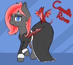 Size: 7200x6400 | Tagged: safe, artist:ampderg, oc, oc only, oc:camellia rose, bat pony, dragon, pony, buck legacy, absurd resolution, clothes, dragon familiar, dress, familiar, jewelry, lidded eyes, scabbard, solo, whip