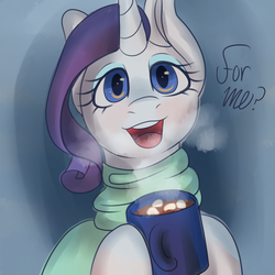 Size: 1280x1280 | Tagged: safe, artist:fawness, rarity, pony, g4, 30 minute art challenge, chocolate, clothes, female, food, hot chocolate, marshmallow, open mouth, scarf, solo