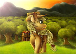 Size: 1280x914 | Tagged: safe, artist:kukotte, applejack, earth pony, pony, g4, apple, female, food, mountain, solo, sweet apple acres, tree