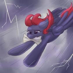 Size: 1280x1280 | Tagged: safe, artist:fawness, oc, oc only, oc:quick draw, pegasus, pony, 30 minute art challenge, lightning, mouth hold, rain, solo