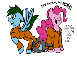 Size: 1000x750 | Tagged: safe, artist:rockfordredsocks, pinkie pie, oc, oc:wozzy, g4, ball and chain, clothes, orange is the new black, prison, prison outfit, prisoner pp