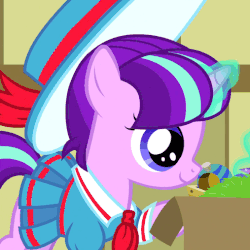 Size: 507x508 | Tagged: safe, screencap, snowfall frost, starlight glimmer, pony, unicorn, a hearth's warming tail, animated, clothes, cropped, cute, dress, emotional spectrum, eyes closed, female, filly, filly starlight glimmer, floppy ears, frown, gif, glimmerbetes, happy, hat, levitation, magic, open mouth, sad, school uniform, smiling, solo, telekinesis, weapons-grade cute, younger