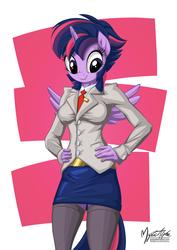 Size: 955x1351 | Tagged: safe, artist:mysticalpha, twilight sparkle, alicorn, anthro, g4, alternate hairstyle, clothes, cute, female, punklight sparkle, signature, skirt, skirt suit, smiling, solo, stockings, suit, thigh highs, twilight sparkle (alicorn)