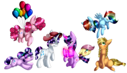 Size: 2477x1429 | Tagged: safe, artist:alithecat1989, applejack, fluttershy, pinkie pie, rainbow dash, rarity, starlight glimmer, twilight sparkle, earth pony, pegasus, pony, unicorn, g4, alternate hairstyle, balloon, blushing, book, braid, cute, ear fluff, eyes closed, floating, floppy ears, flying, glowing horn, hat, horn, levitation, looking up, magic, mane six, pigtails, raised hoof, simple background, smiling, telekinesis, then watch her balloons lift her up to the sky, tongue out, transparent background, underhoof, wingless, younger