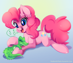 Size: 1500x1300 | Tagged: safe, artist:thenornonthego, gummy, pinkie pie, alligator, earth pony, pony, g4, colored pupils, duo, ear fluff, eyes closed, female, gradient background, mare, open mouth, prone, singing, smiling